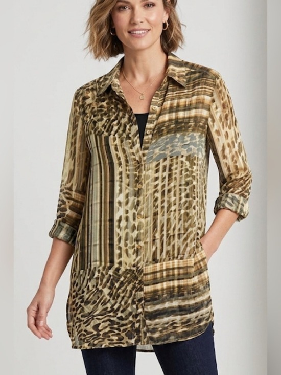 Chico's Tops - Chico’s Animal Print Tunic Top Size XL (3) Brown Black Button Front Sheer Blouse